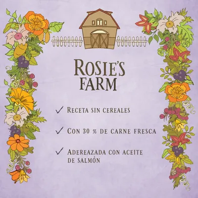 Rosie's Farm. Receta sin cereales, con 30 % de carne fresca, aderezada con aceite de salmón.