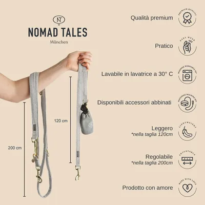 Guinzagli Nomad Tales München, lunghezze 120 cm e 200 cm, tessuto grigio, accessorio abbinato. Testo: qualità premium, pratico, lavabile a 30 °C, leggero, regolabile, prodotto con amore.