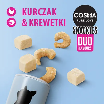 COSMA PURE LOVE SNACKIES DUO FLAVOURS, kurczak & krewetki. Przysmaki dla kota w dwóch smakach widoczne obok opakowania z sylwetką kota.