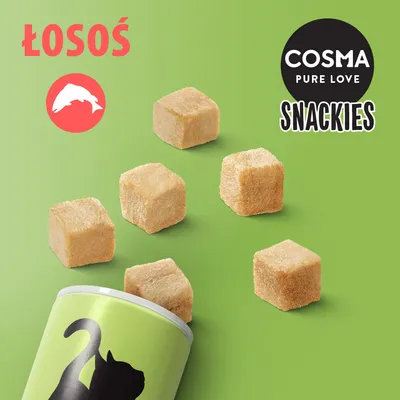 COSMA PURE LOVE SNACKIES, łosoś. Sześć kostek przysmaku obok zielonego opakowania z sylwetką kota.