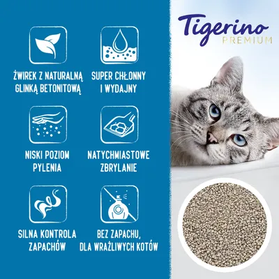 Tigerino Premium. Żwirek z naturalną glinką bentonitową, super chłonny i wydajny, niski poziom pylenia, natychmiastowe zbrylanie, silna kontrola zapachów, bez zapachu dla wrażliwych kotów.