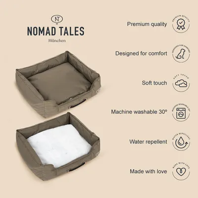 Nomad Tales München Hundebett. Premium Qualität, komfortabel, weiche Oberfläche, maschinenwaschbar bei 30°, wasserabweisend, hergestellt mit Liebe.