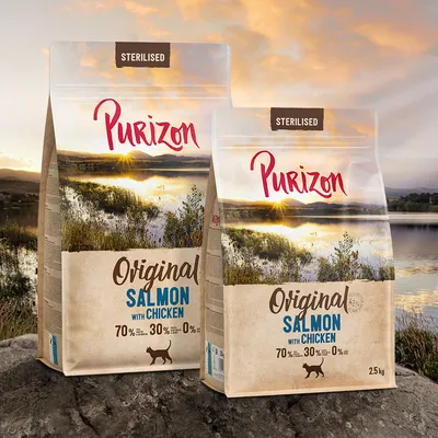 Purizon Sterilised Original Salmon with Chicken, 70 % kalaa ja lihaa, 30 % vihanneksia, 0 % viljaa. Kuivaruoka steriloiduille kissoille, pakkaukset: 2,5 kg ja pienempi koko näkyvissä.
