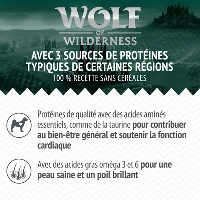 Wolf of Wilderness. Avec 3 sources de protéines typiques de certaines régions, 100 % recette sans céréales. Protéines de qualité, taurine, oméga 3 et 6 pour bien-être général et poil brillant.