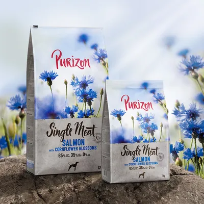 Purizon Single Meat Salmon with Cornflower Blossoms, 65% meat, 35% vegetables, 0% grain. Two bags shown: 12kg and 1kg sizes.