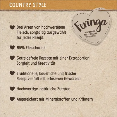 Feringa Country Style. 65% Fleischanteil, getreidefreie Rezepte, traditionelle Rezeptvielfalt, hochwertige Zutaten, angereichert mit Mineralstoffen und Kräutern.