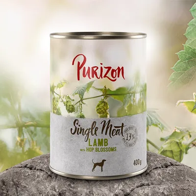 Purizon Single Meat Lamb s cvjetovima hmelja, 13% udio svježeg mesa, konzerva 400g. Prikaz psa na pakiranju.