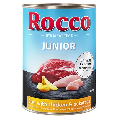 Rocco JUNIOR marhahússal, csirkével és burgonyával, 400 g konzerv. Felirat: OPTIMAL CALCIUM TO PHOSPHORUS RATIO, Beef with chicken & potatoes.