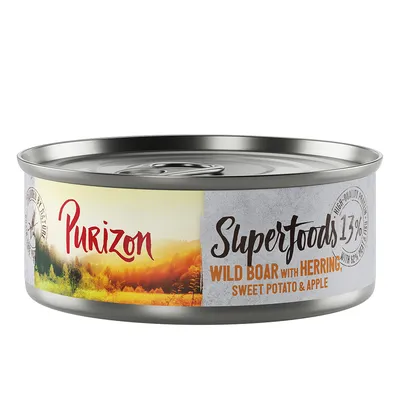 Purizon Superfoods blik, wild zwijn met haring, zoete aardappel & appel, 13% eiwit, hoogwaardige ingrediënten.