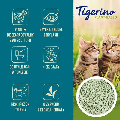 Tigerino Plant-Based. W 100% biodegradowalny żwirek z tofu, szybkie i mocne zbrylanie, do utylizacji w toalecie, nieklejący, niski poziom pylenia, o zapachu zielonej herbaty.