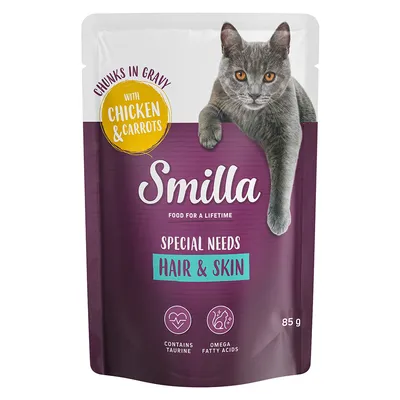 Smilla Special Needs Hair & Skin, bucăți în sos cu pui și morcovi, conține taurină și acizi grași Omega, 85 g.