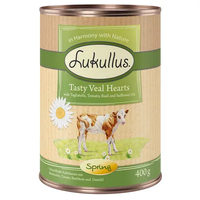 Lukullus Tasty Veal Hearts, 400g. Met tagliatelle, tomaat, basilicum en saffloerolie. Tekst: in Harmony with Nature, Spring. Afbeelding van kalfje op het etiket. Lukullus Tasty Veal Hearts, 400g. Met tagliatelle, tomaat, basilicum en saffloerolie. Tekst: in Harmony with Nature, Spring. Afbeelding van kalfje op het etiket.
