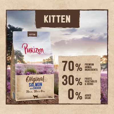 Purizon Kitten Original Salmon with Chicken 6,5 kg. Texte visible : 70 % premium animal ingredients, 30 % fruits, vegetables & herbs, 0 % added grain.