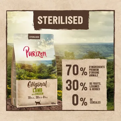 Purizon Original Lamb with Chicken pour chats stérilisés, 6,5 kg. 70 % d’ingrédients premium d’origine animale, 30 % de fruits, légumes et herbes, 0 % de céréales. Texte en anglais.