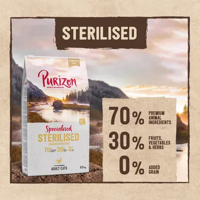 Purizon Specialised Sterilised kattenvoer, kip met vis, 6,5 kg. 70% premium dierlijke ingrediënten, 30% fruit, groenten en kruiden, 0% toegevoegde granen. Tekst in het Engels.