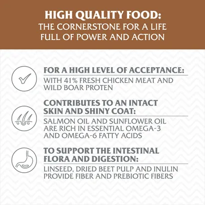 Text v angličtine: High quality food, 41 % čerstvé kuracie mäso a diviačí proteín, lososový a slnečnicový olej, ľanové semienko, sušená repná dužina, inulín. Výživové benefity.