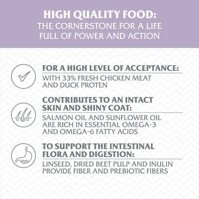 Text v angličtine: High quality food, 33 % fresh chicken meat and duck protein, salmon oil and sunflower oil with omega-3 a omega-6, linseed, dried beet pulp and inulin provide fiber.