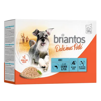Briantos Delicious Paté za odrasle, bez žitarica, s lososom i graškom, bez dodanog šećera, bez umjetnih aroma. Pakiranje sadrži 12 x 100g.