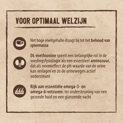 Voor optimaal welzijn: behoud van spiermassa door hoog eiwitgehalte, DL-methionine ondersteunt urinewegen, rijk aan omega-3- en omega-6-vetzuren voor huid en vacht.