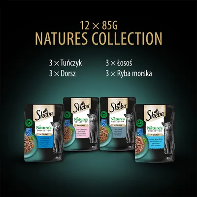 Sheba Nature's Collection 12 × 85 g: 3 × tuńczyk, 3 × dorsz, 3 × łosoś, 3 × ryba morska. Widoczne cztery saszetki z kotem na opakowaniu.