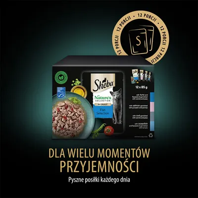 Sheba Nature’s Collection Fish Selection w sosie, 12 porcji po 85 g. Widoczna miska z kawałkami karmy, kot, składniki rybne i warzywne na opakowaniu. Tekst: Pyszne posiłki każdego dnia.