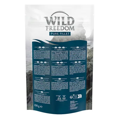 Wild Freedom Pure Fillet, 100g. Packaging with product information in multiple languages, recycling symbols and ingredients.
