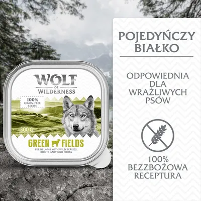 Wolf of Wilderness Green Fields, 300 g. 100% grain-free recipe. Pojedynczy białko, odpowiednia dla wrażliwych psów, 100% bezzbożowa receptura.