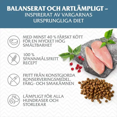 Balanserat och artlämpligt hundfoder: minst 40 % färskt kött, 100 % spannmålsfritt, fritt från konstgjorda tillsatser, lämpligt för alla hundraser och storlekar. Bild på kött och torrfoder.