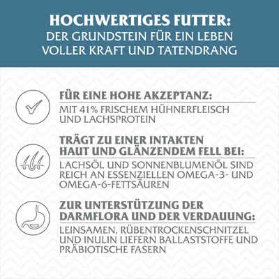 Hochwertiges Futter: Frisches Hühnerfleisch und Lachsprotein für hohe Akzeptanz, Omega-Fettsäuren für Haut und Fell, Ballaststoffe und präbiotische Fasern für Darmflora und Verdauung.