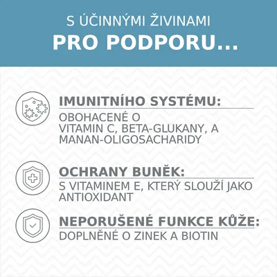 S účinnými živinami pro podporu imunity, ochrany buněk a funkce kůže. Obsahuje vitamin C, beta-glukany, manan-oligosacharidy, vitamin E, zinek a biotin.
