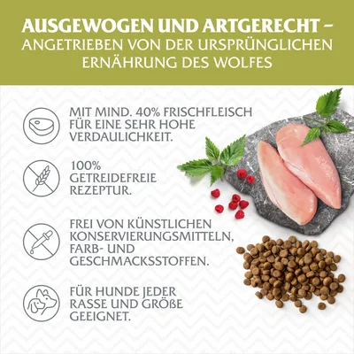 Ausgewogen und artgerecht: Mind. 40% Frischfleisch, 100% getreidefrei, frei von künstlichen Zusatzstoffen, geeignet für Hunde jeder Rasse und Grösse.