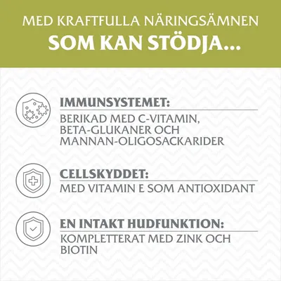 Med kraftfulla näringsämnen som kan stödja immunsystemet, cellskyddet och en intakt hudfunktion. Berikad med C-vitamin, E-vitamin, beta-glukaner, mannan-oligosackarider, zink, biotin.