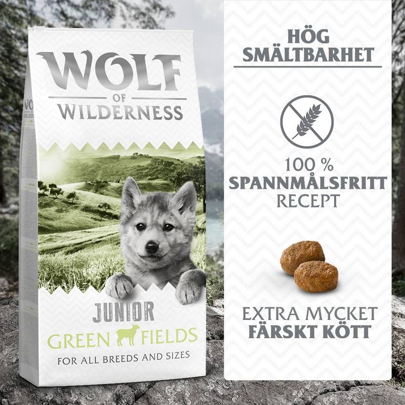 Wolf of Wilderness Junior "Green Fields" lamm & färsk kyckling - spannmålsfritt