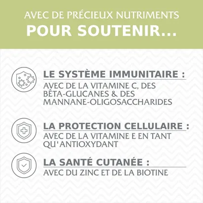 Avec de précieux nutriments pour soutenir le système immunitaire, la protection cellulaire et la santé cutanée. Vitamine C, bêta-glucanes, vitamine E, zinc, biotine visibles.
