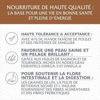 Nourriture de haute qualité : 41 % viande fraîche de poulet, protéines de sanglier, huiles de saumon et tournesol, graines de lin, pulpe de betterave, inuline, fibres alimentaires et prébiotiques.