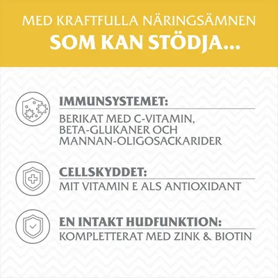 Text: Med kraftfulla näringsämnen som kan stödja immunsystemet, cellskyddet och en intakt hudfunktion. Immunsystemet: berikat med C-vitamin, beta-glukaner och mannan-oligosackarider. Cellskyddet: mit Vitamin E als Antioxidant. En intakt hudfunktion: kompletterat med zink & biotin.