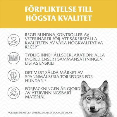 Förpliktelse till högsta kvalitet: regelbundna veterinärkontroller, tydlig innehållsdeklaration, mest sålda spannmålsfria torrfoder för hundar, återvinningsbar förpackning.