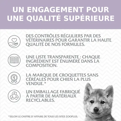 UN ENGAGEMENT POUR UNE QUALITÉ SUPÉRIEURE : contrôles vétérinaires, liste transparente des ingrédients, marque de croquettes sans céréales la plus vendue, emballage recyclable.