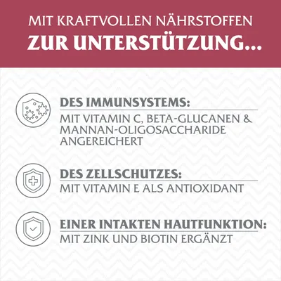 Mit kraftvollen Nährstoffen zur Unterstützung: Immunsystem mit Vitamin C, Beta-Glucanen; Zellschutz mit Vitamin E; Hautfunktion mit Zink und Biotin.