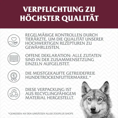Verpflichtung zu höchster Qualität: regelmäßige Kontrollen durch Tierärzte, offene Deklaration der Zutaten, meistgekaufte getreidefreie Hundetrockenfuttermarke, Verpackung aus recycelbarem Material.