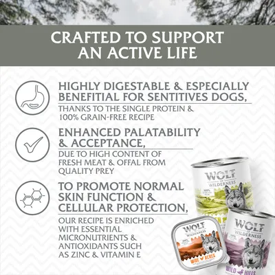 Wolf of Wilderness – text v angličtine: crafted to support an active life, highly digestible & especially beneficial for sensitive dogs, enhanced palatability & acceptance, skin function & protection.