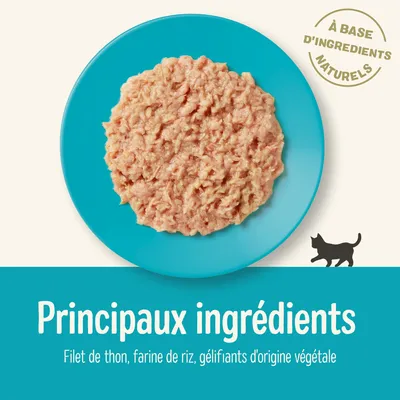 Principaux ingrédients : filet de thon, farine de riz, gélifiants d'origine végétale. À base d'ingrédients naturels.
