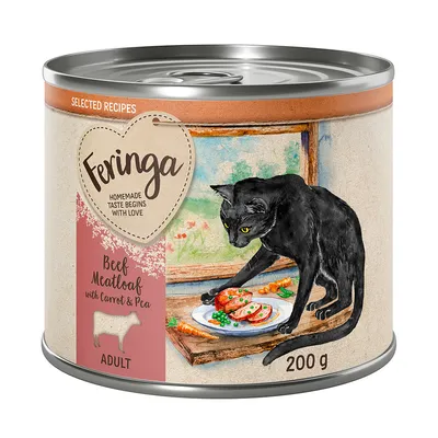 Feringa Adult Rind Hackbraten mit Karotte und Erbse, 200 g. Illustration einer schwarzen Katze neben einem Teller mit Futter. Text: 'Homemade taste begins with love'.