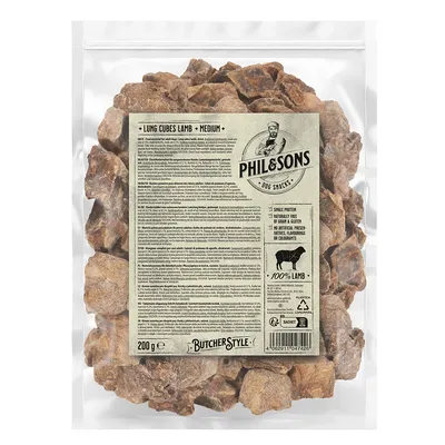 Phil & Sons koiranherkut, keuhkokuutiot lampaanliha, medium, 200g. 100 % lammas, yksi proteiini, viljaton ja gluteeniton, ei keinotekoisia lisäaineita. Butcher Style -pakkaus.