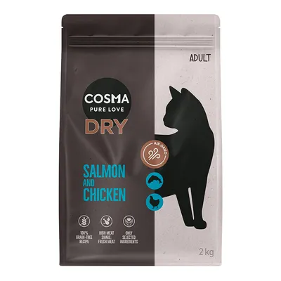 Cosma Pure Love Dry Adult, Salmon and Chicken, 2 kg. Texte visible : 100% grain-free recipe, high meat share fresh meat, only selected ingredients, air-dried.