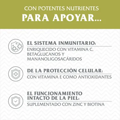 Con potentes nutrientes para apoyar el sistema inmunitario, la protección celular y el funcionamiento intacto de la piel. Enriquecido con vitamina C, betaglucanos, zinc y biotina.