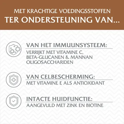 Met krachtige voedingsstoffen ter ondersteuning van het immuunsysteem, celbescherming en huidfunctie. Verrijkt met vitamine C, E, beta-glucanen, mannan-oligosacchariden, zink en biotine.