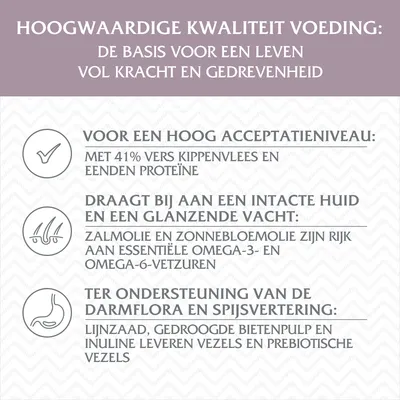 Hoogwaardige kwaliteit voeding: 41% vers kippenvlees en eenden proteïne, zalmolie en zonnebloemolie met omega-vetzuren, lijnzaad, bietenpulp en inuline voor vezels en prebiotica.