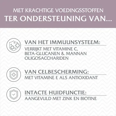 Met krachtige voedingsstoffen ter ondersteuning van het immuunsysteem, celbescherming en huidfunctie. Bevat vitamine C, E, beta-glucanen, mannan-oligosacchariden, zink en biotine.