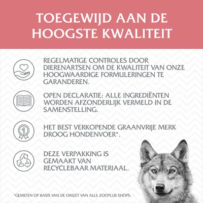 Toegewijd aan de hoogste kwaliteit: regelmatige controles door dierenartsen, open declaratie ingrediënten, best verkopend graanvrij droog hondenvoer, verpakking van recyclebaar materiaal.